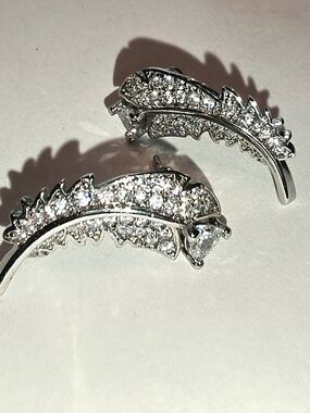 Silver Crystal Feather Stud Earrings - Sparkling Leaf Design